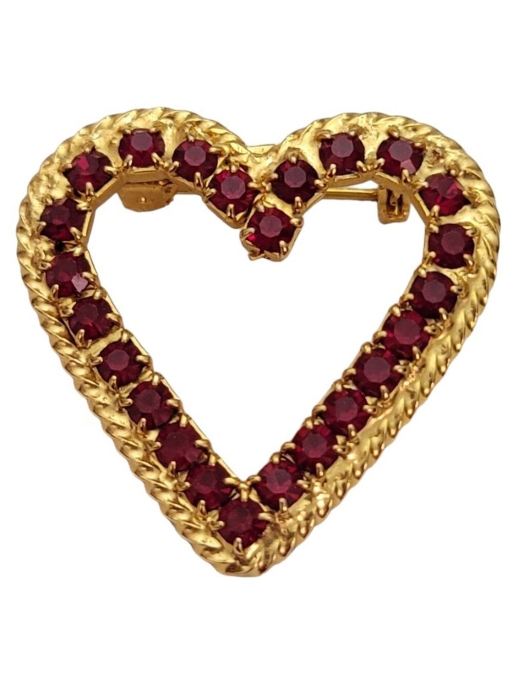 Gold Tone Red Prong Set Rhinestone Vintage Open Heart Brooch Pin E278